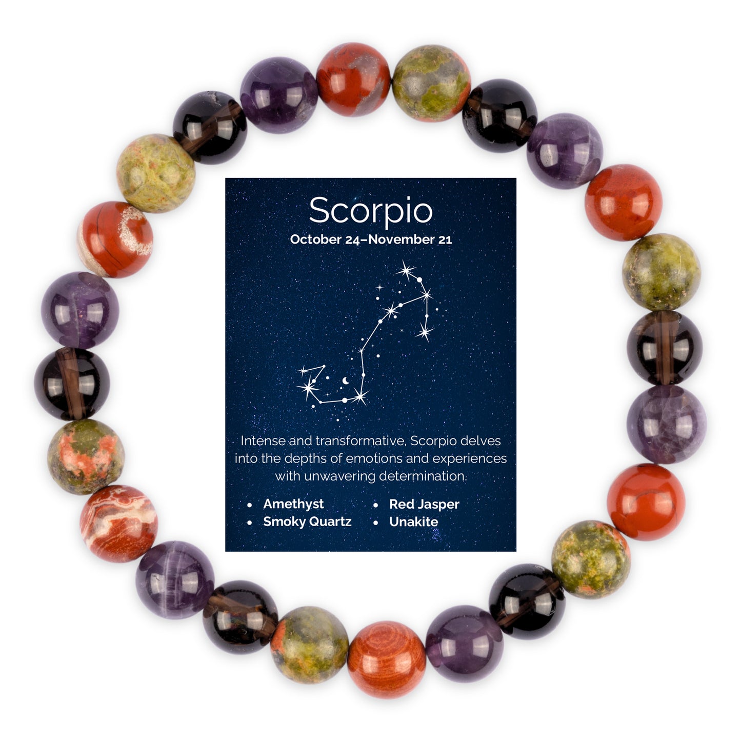 Scorpio Zodiac Bracelet for Women or Men with Natural  Amethyst, Smoky Quartz, Red Jasper, and Unakite Crystals and Healing Stones - Handmade Beaded Bracelet, Perfect Zodiac Gift for Birthday