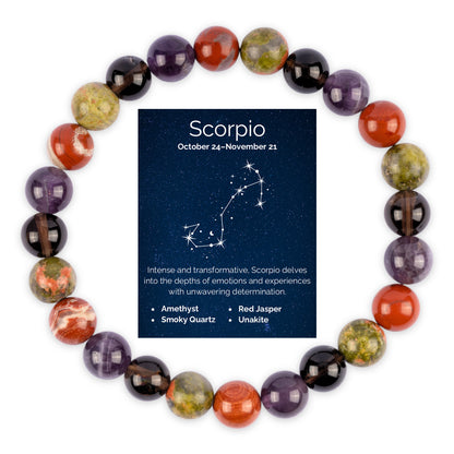 Scorpio Zodiac Bracelet for Women or Men with Natural  Amethyst, Smoky Quartz, Red Jasper, and Unakite Crystals and Healing Stones - Handmade Beaded Bracelet, Perfect Zodiac Gift for Birthday