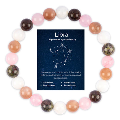 Libra Zodiac Bracelet for Women or Men with Natural Stone Sunstone, Bloodstone, Moonstone, and Rose Quartz Crystals and Healing Stones - Handmade Beaded Bracelet, Perfect Zodiac Gift for Birthday