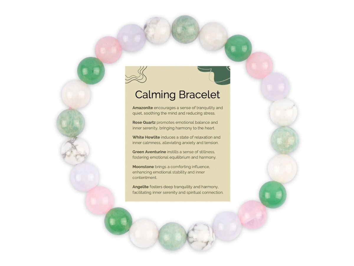 Calm and Peace Bracelet for Women and Men with Amazonite, Rose Quartz, White Howlite, Green Aventurine, Moonstone, Angelite Crystals and Healing Stones - Natural Handmade Beaded Bracelets