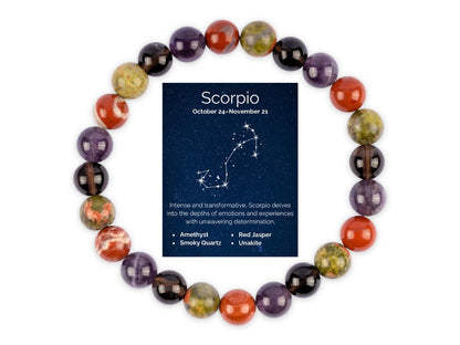 Scorpio Zodiac Bracelet for Women or Men with Natural  Amethyst, Smoky Quartz, Red Jasper, and Unakite Crystals and Healing Stones - Handmade Beaded Bracelet, Perfect Zodiac Gift for Birthday