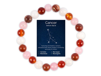 Cancer Zodiac Bracelet for Women or Men with Natural Moonstone, Carnelian, Red Jasper, and Rose Quartz Crystals and Healing Stones - Handmade Beaded Bracelet, Perfect Zodiac Gift for Birthday