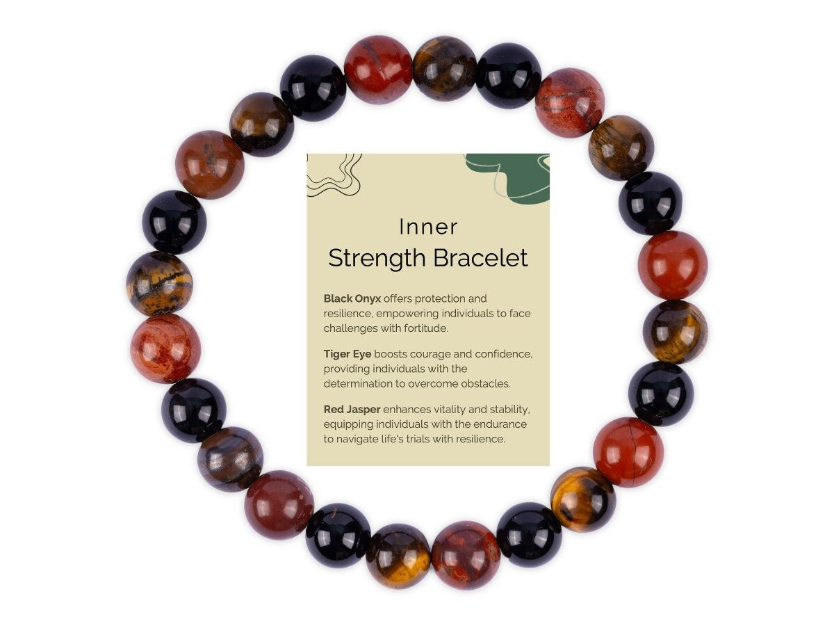 Inner Strength Bracelet for Women and Men with Black Onyx, Tiger’s Eye, and Red Jasper Crystals and Healing Stones - Natural Handmade Beaded Bracelets, Crystal Bracelet for Spiritual Gifts