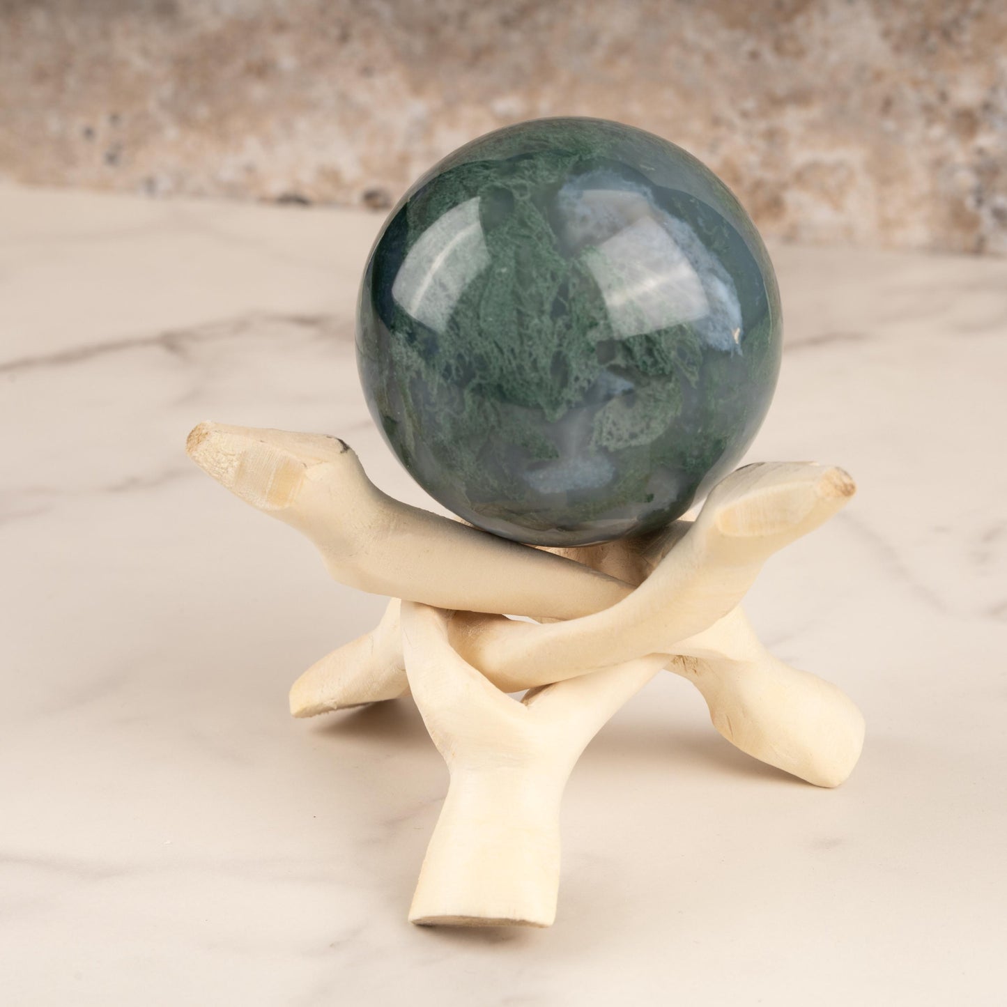 50mm-65 Moss Agate Sphere with Wooden Stand, Healing Crystal Sphere, Home Crystal Decor, Energy Crystal, Sphere Stand, Crystal Gifts