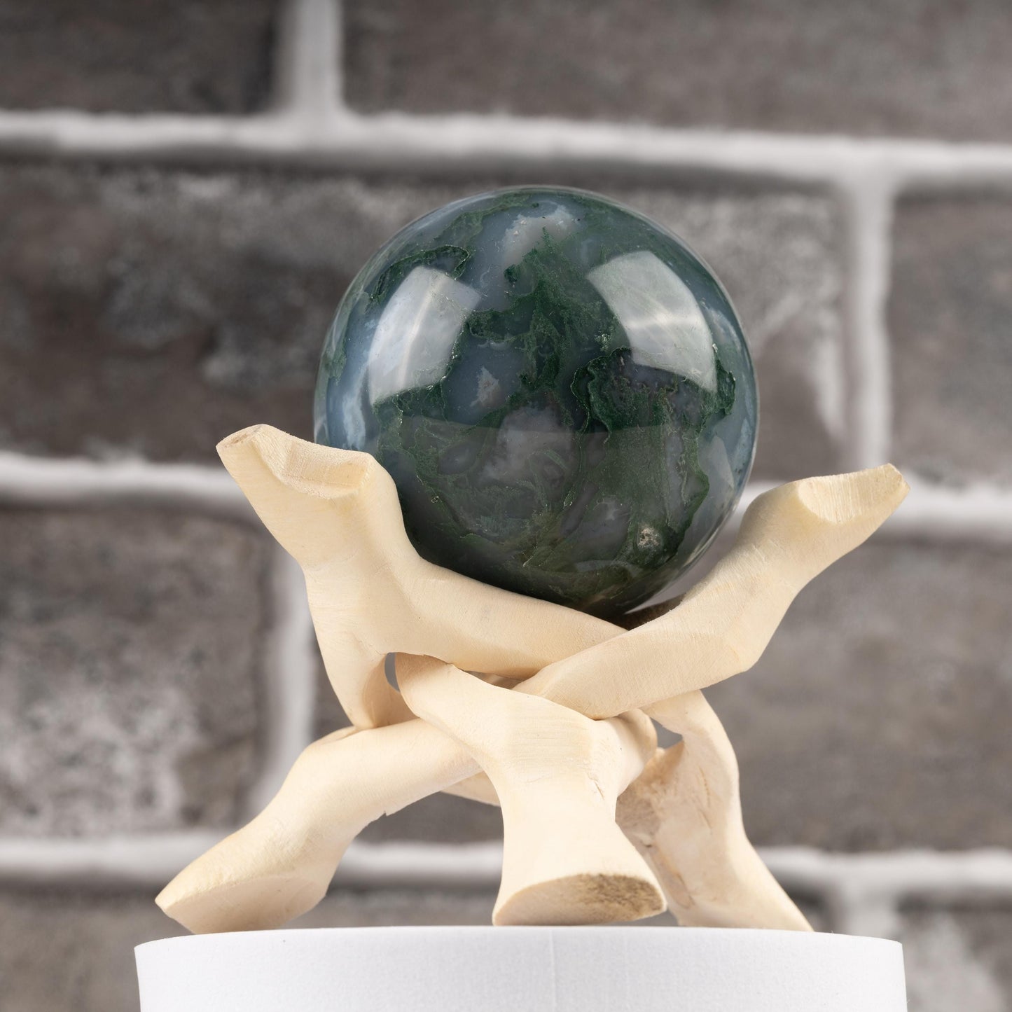 50mm-65 Moss Agate Sphere with Wooden Stand, Healing Crystal Sphere, Home Crystal Decor, Energy Crystal, Sphere Stand, Crystal Gifts