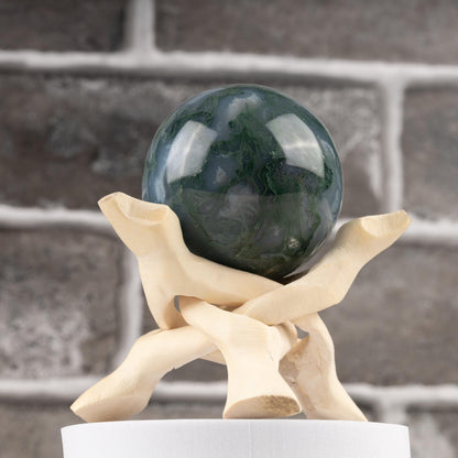 50mm-65 Moss Agate Sphere with Wooden Stand, Healing Crystal Sphere, Home Crystal Decor, Energy Crystal, Sphere Stand, Crystal Gifts