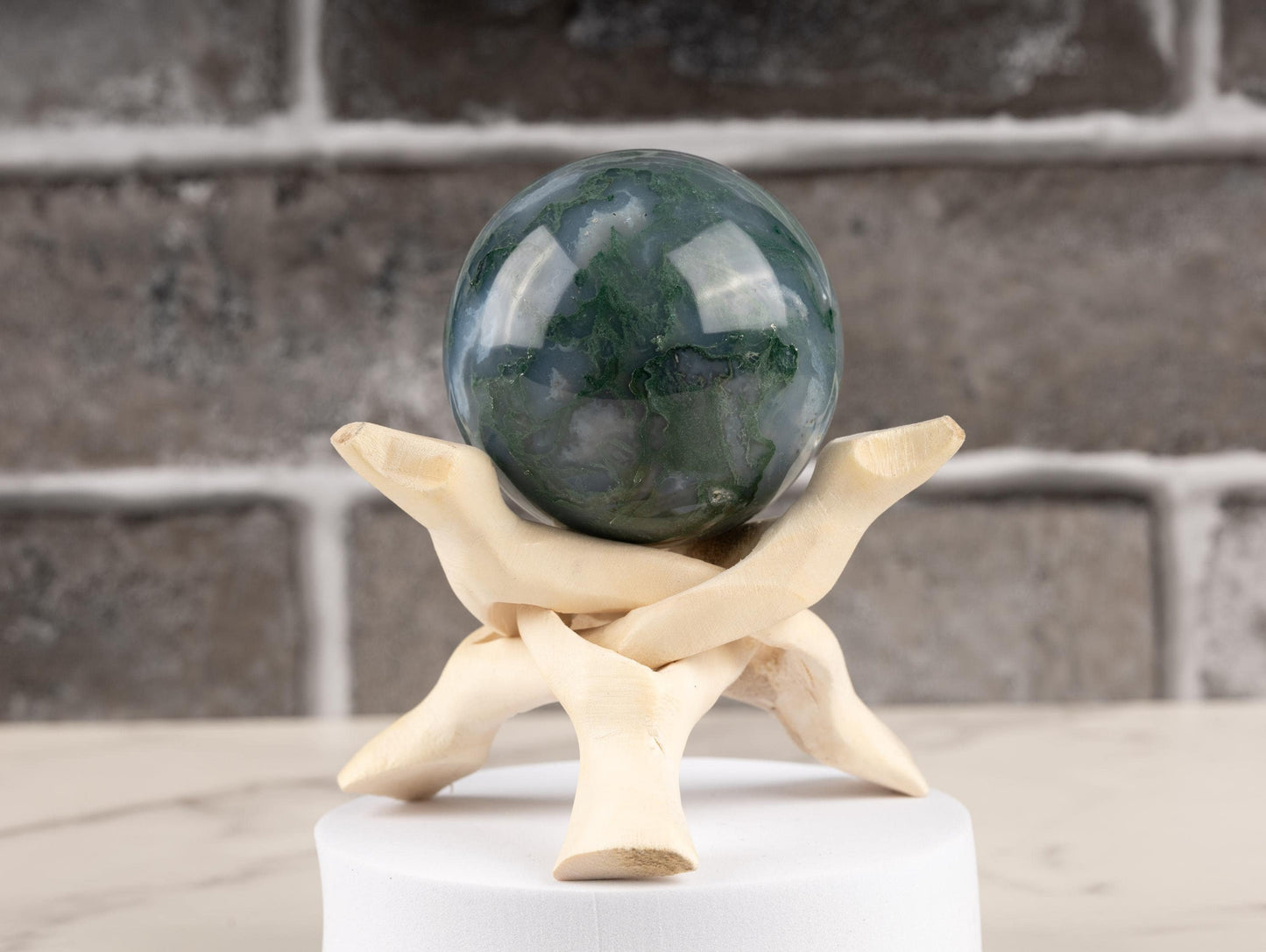 50mm-65 Moss Agate Sphere with Wooden Stand, Healing Crystal Sphere, Home Crystal Decor, Energy Crystal, Sphere Stand, Crystal Gifts