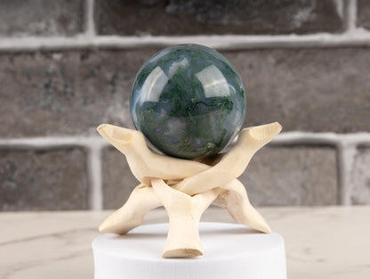 50mm-65 Moss Agate Sphere with Wooden Stand, Healing Crystal Sphere, Home Crystal Decor, Energy Crystal, Sphere Stand, Crystal Gifts