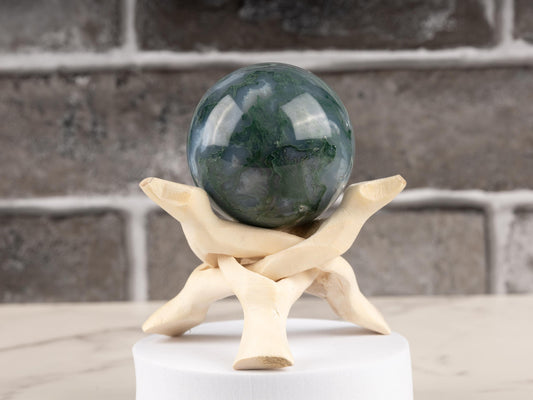 50mm-65 Moss Agate Sphere with Wooden Stand, Healing Crystal Sphere, Home Crystal Decor, Energy Crystal, Sphere Stand, Crystal Gifts