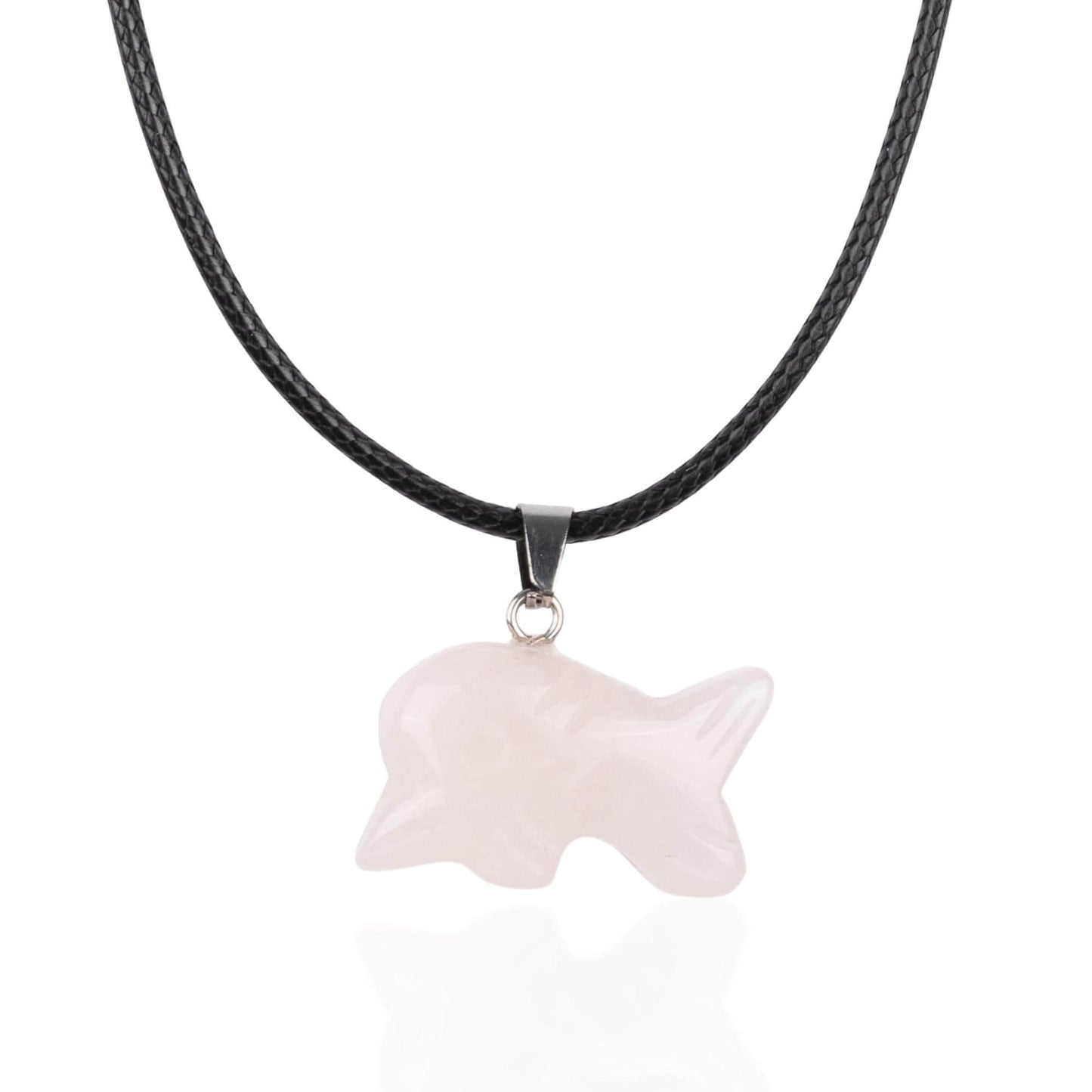 Dolphin Pendant Crystal Necklace with 18" Black Cord, Natural Healing Crystal Jewelry Gift, Amethyst, Rose Quartz, Lapis Lazuli, Red Jasper