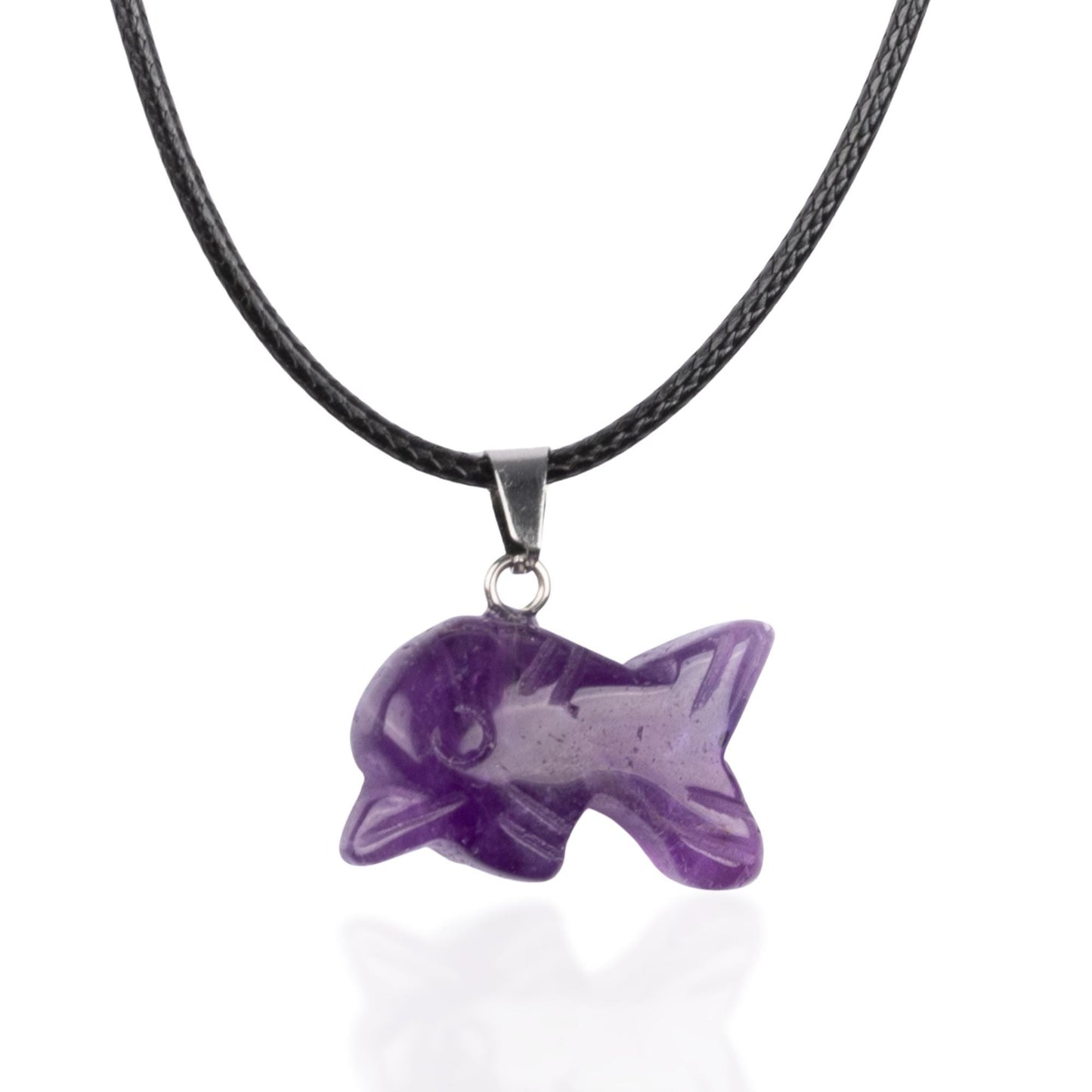 Dolphin Pendant Crystal Necklace with 18" Black Cord, Natural Healing Crystal Jewelry Gift, Amethyst, Rose Quartz, Lapis Lazuli, Red Jasper