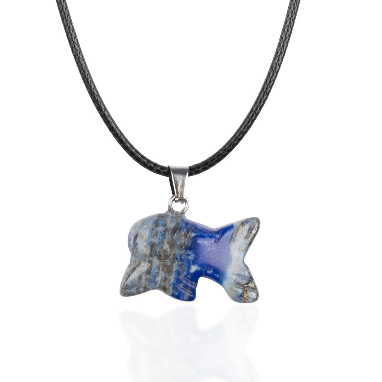 Dolphin Pendant Crystal Necklace with 18" Black Cord, Natural Healing Crystal Jewelry Gift, Amethyst, Rose Quartz, Lapis Lazuli, Red Jasper