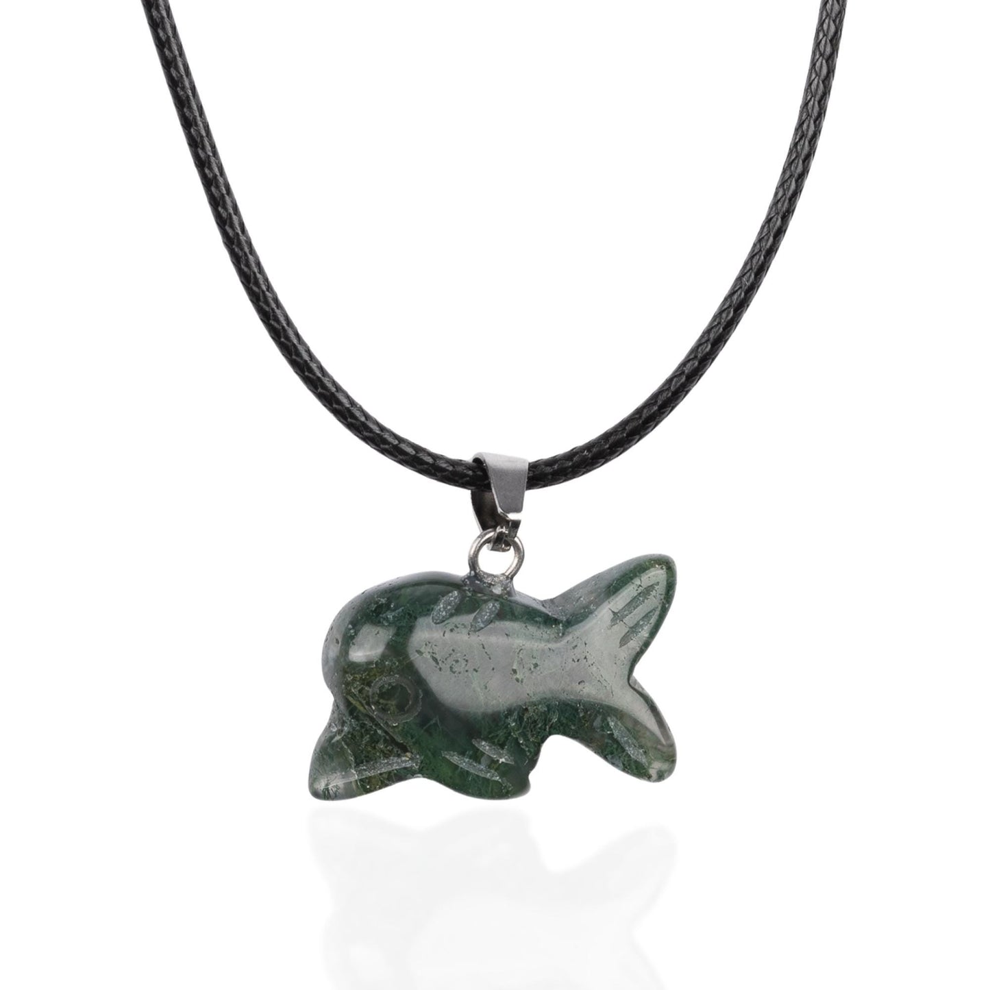 Dolphin Pendant Crystal Necklace with 18" Black Cord, Natural Healing Crystal Jewelry Gift, Amethyst, Rose Quartz, Lapis Lazuli, Red Jasper
