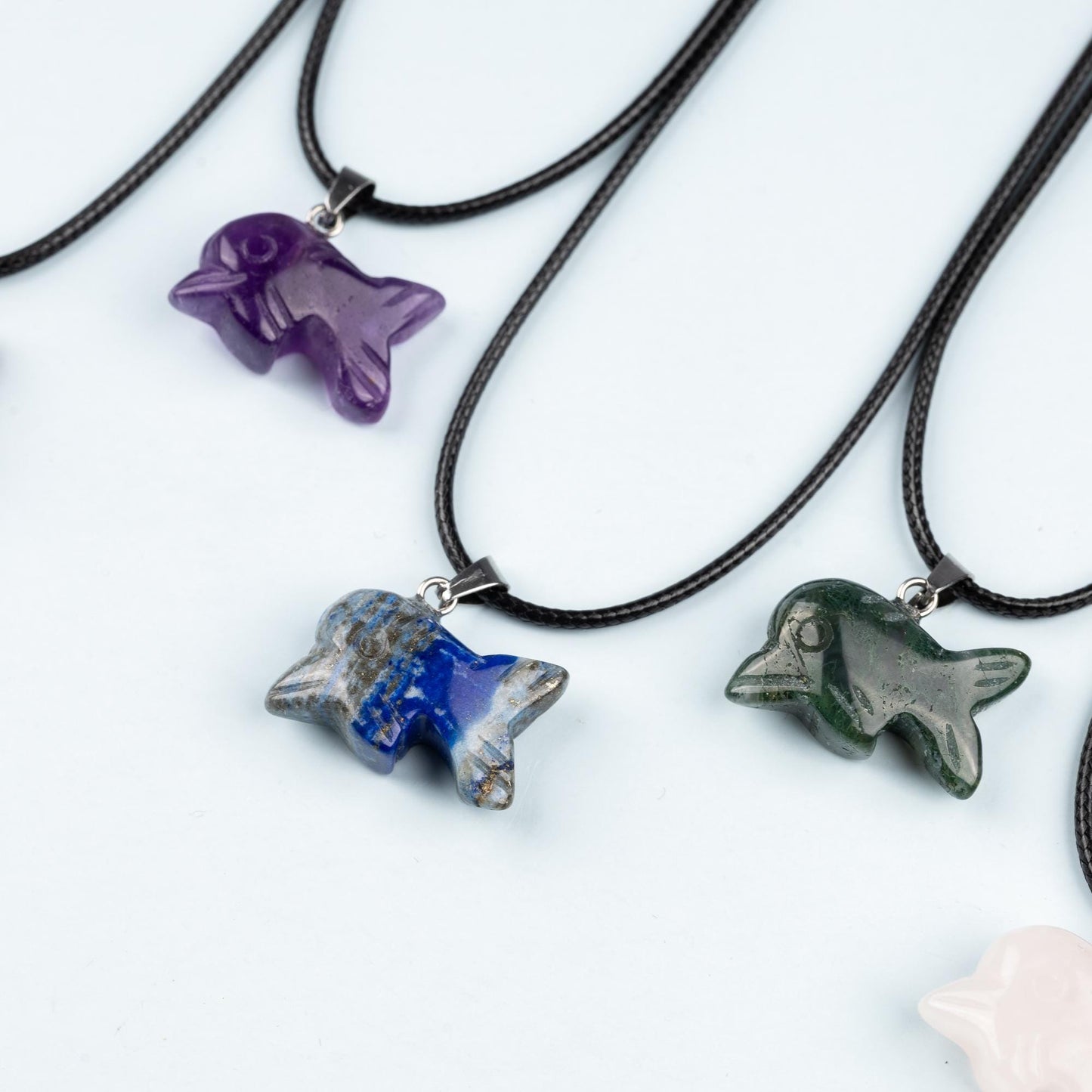 Dolphin Pendant Crystal Necklace with 18" Black Cord, Natural Healing Crystal Jewelry Gift, Amethyst, Rose Quartz, Lapis Lazuli, Red Jasper
