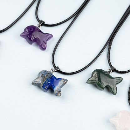 Dolphin Pendant Crystal Necklace with 18" Black Cord, Natural Healing Crystal Jewelry Gift, Amethyst, Rose Quartz, Lapis Lazuli, Red Jasper