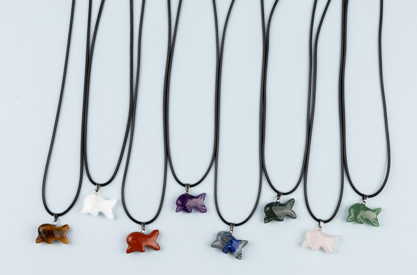 Dolphin Pendant Crystal Necklace with 18" Black Cord, Natural Healing Crystal Jewelry Gift, Amethyst, Rose Quartz, Lapis Lazuli, Red Jasper