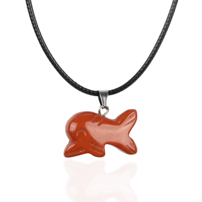 Dolphin Pendant Crystal Necklace with 18" Black Cord, Natural Healing Crystal Jewelry Gift, Amethyst, Rose Quartz, Lapis Lazuli, Red Jasper