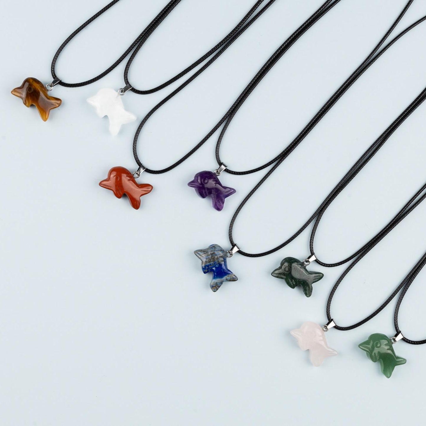 Dolphin Pendant Crystal Necklace with 18" Black Cord, Natural Healing Crystal Jewelry Gift, Amethyst, Rose Quartz, Lapis Lazuli, Red Jasper