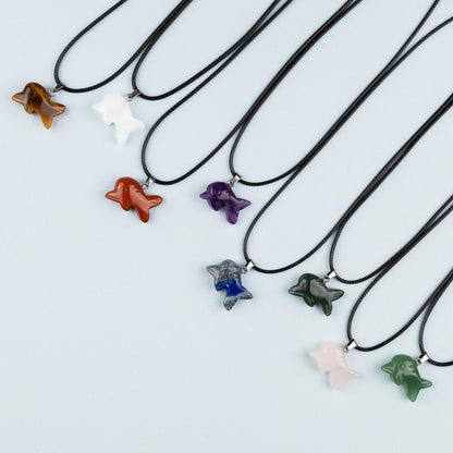 Dolphin Pendant Crystal Necklace with 18" Black Cord, Natural Healing Crystal Jewelry Gift, Amethyst, Rose Quartz, Lapis Lazuli, Red Jasper