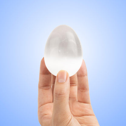 Selenite Egg with Wooden Stand Tripod, Polished White Crystal Charging Stone for Meditation, Reiki, Altar Decor, Display, Home & Office Gift