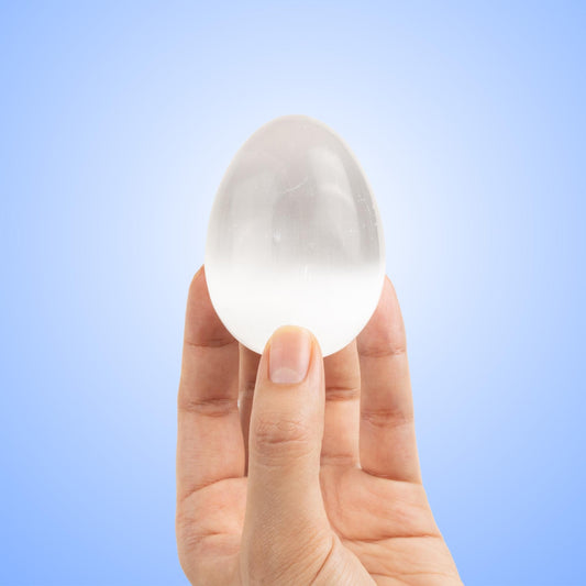 Selenite Egg with Wooden Stand Tripod, Polished White Crystal Charging Stone for Meditation, Reiki, Altar Decor, Display, Home & Office Gift