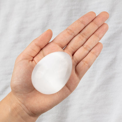 Selenite Egg with Wooden Stand Tripod, Polished White Crystal Charging Stone for Meditation, Reiki, Altar Decor, Display, Home & Office Gift
