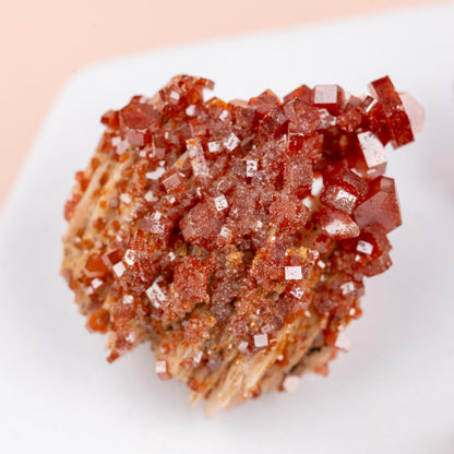 Vanadinite on Barite Crystal Specimen, Natural Mineral Cluster for Display, Red Hexagonal Crystals on White Matrix, Crystal Decor & Gift