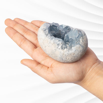 Natural Celestite Cluster Egg Geode with Stand, Raw Blue Celestite Stone, Mineral Specimen, Crystal Decor & Gift, Multiple Sizes Available