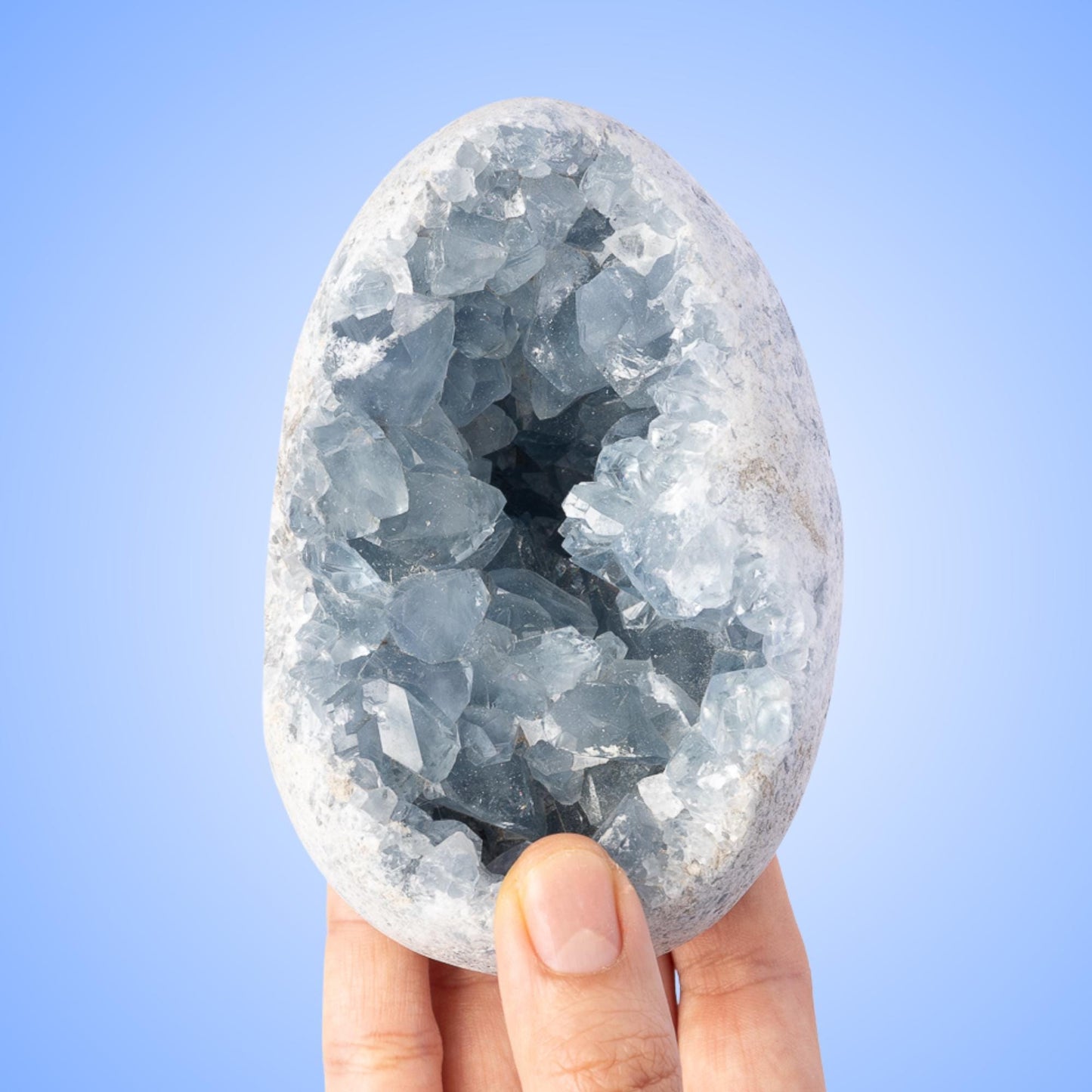 Natural Celestite Cluster Egg Geode with Stand, Raw Blue Celestite Stone, Mineral Specimen, Crystal Decor & Gift, Multiple Sizes Available