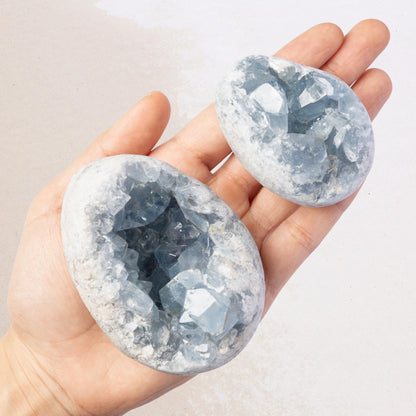 Natural Celestite Cluster Egg Geode with Stand, Raw Blue Celestite Stone, Mineral Specimen, Crystal Decor & Gift, Multiple Sizes Available