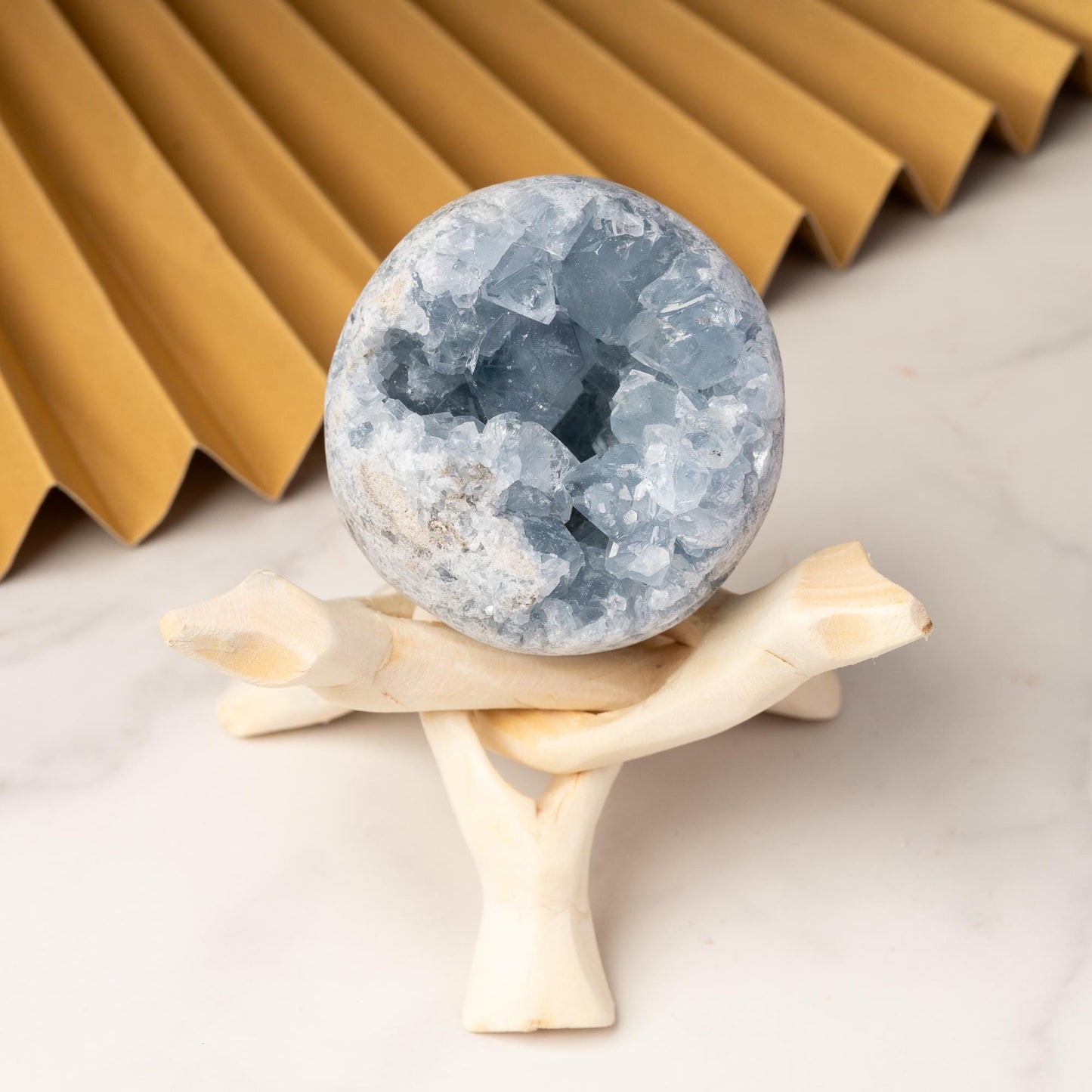 Celestite Cluster Sphere with Stand, Raw Crystal Geode Ball, Natural Mineral Specimen, Craft Supply, Collector Gift, Choose Your Size