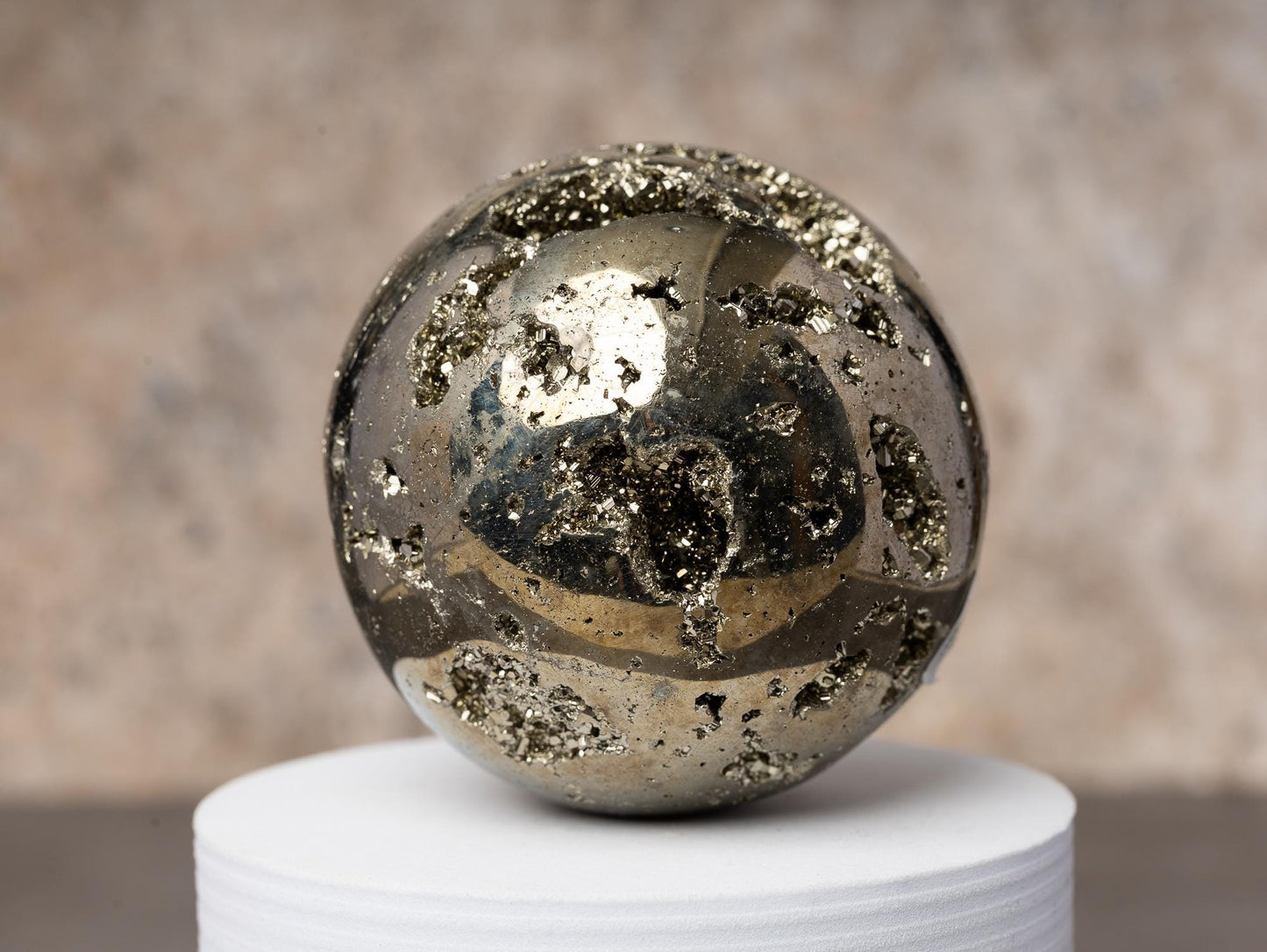Pyrite Sphere with Stand, Polished Golden Crystal Ball, Natural Mineral Specimen, Druzy Inclusions, Craft Supply, Crystal Gift