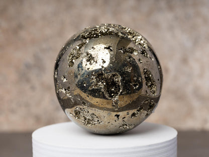 Pyrite Sphere with Stand, Polished Golden Crystal Ball, Natural Mineral Specimen, Druzy Inclusions, Craft Supply, Crystal Gift