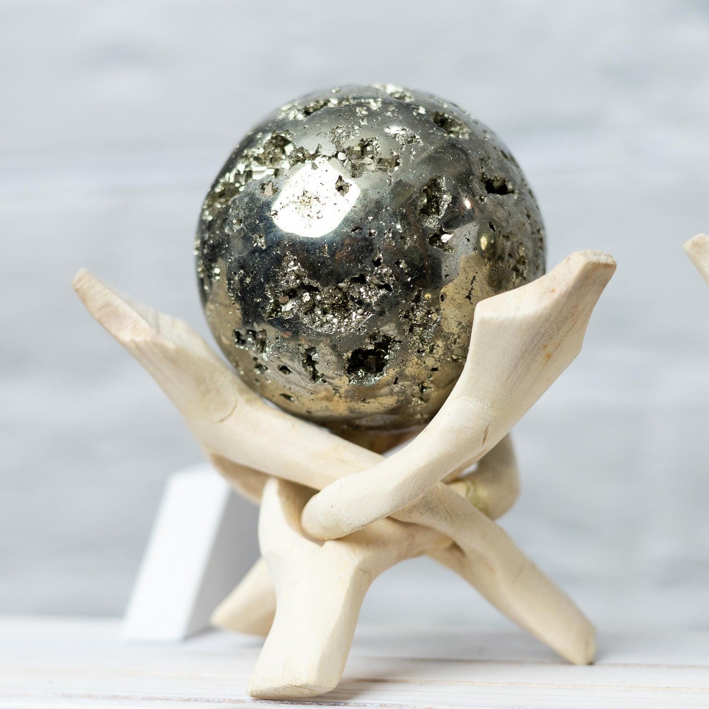 Pyrite Sphere with Stand, Polished Golden Crystal Ball, Natural Mineral Specimen, Druzy Inclusions, Craft Supply, Crystal Gift
