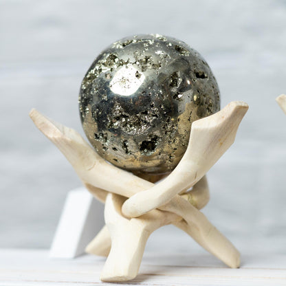 Pyrite Sphere with Stand, Polished Golden Crystal Ball, Natural Mineral Specimen, Druzy Inclusions, Craft Supply, Crystal Gift