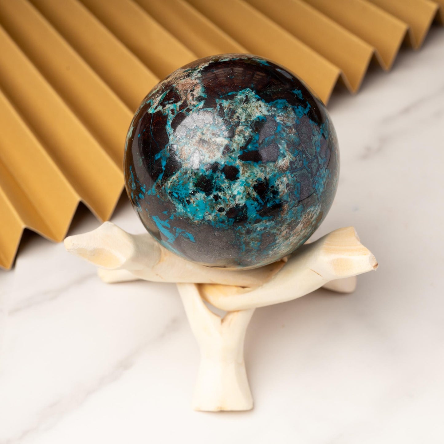 Chrysocolla Sphere with Stand, Natural Polished Crystal Ball, Sphere Decor, Crystal Gift, 2.5 Inch
