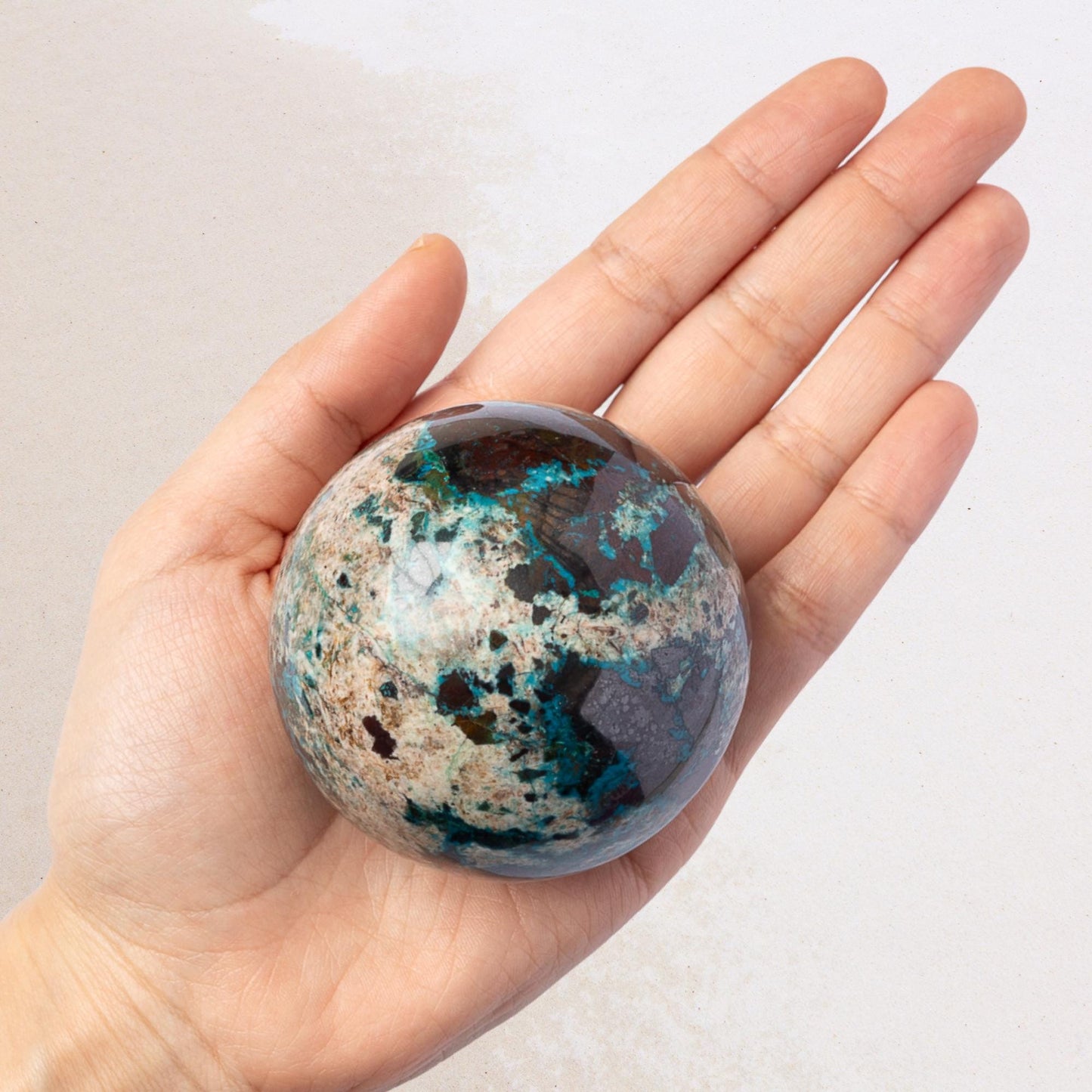 Chrysocolla Sphere with Stand, Natural Polished Crystal Ball, Sphere Decor, Crystal Gift, 2.5 Inch