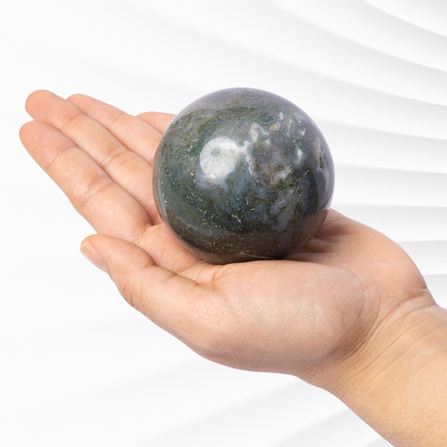 Moss Agate Sphere with Stand, Polished Crystal Ball, Natural Stone Specimen, Sphere Decor, Crystal Gift, Choose Size