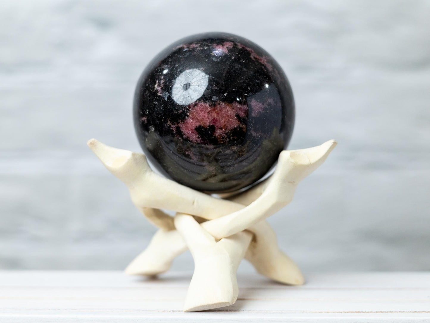 Rhodonite Sphere with Stand, Pink and Black Crystal Ball, Natural Stone Specimen, Sphere Decor, Crystal Gift