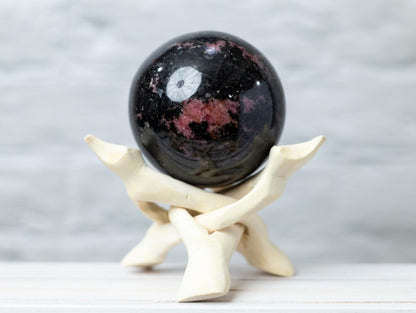 Rhodonite Sphere with Stand, Pink and Black Crystal Ball, Natural Stone Specimen, Sphere Decor, Crystal Gift