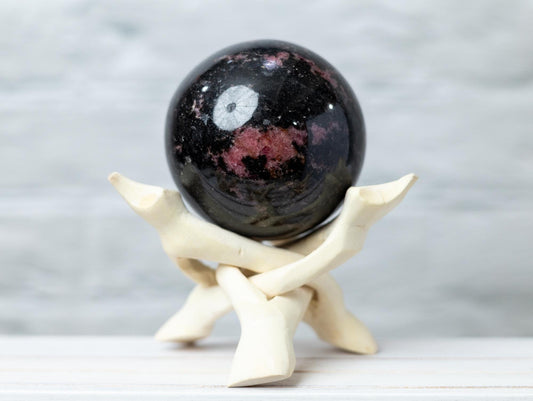 Rhodonite Sphere with Stand, Pink and Black Crystal Ball, Natural Stone Specimen, Sphere Decor, Crystal Gift