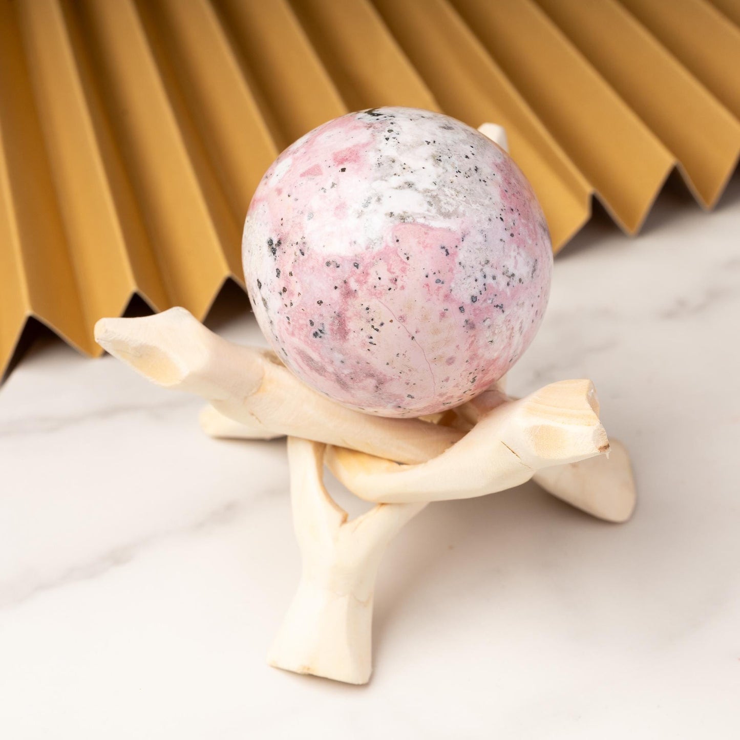 Rhodonite Sphere with Stand, Pink and White Crystal Ball, Natural Stone Specimen, Sphere Decor, Crystal Gift