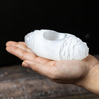 Selenite Log Candle Holder, Rough Cut Crystal Tea Light Holder, Selenite Crystal Decor, Crystal Gift
