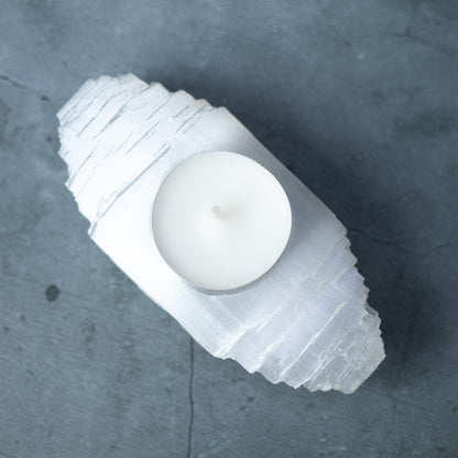 Selenite Log Candle Holder, Rough Cut Crystal Tea Light Holder, Selenite Crystal Decor, Crystal Gift