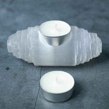 Selenite Log Candle Holder, Rough Cut Crystal Tea Light Holder, Selenite Crystal Decor, Crystal Gift