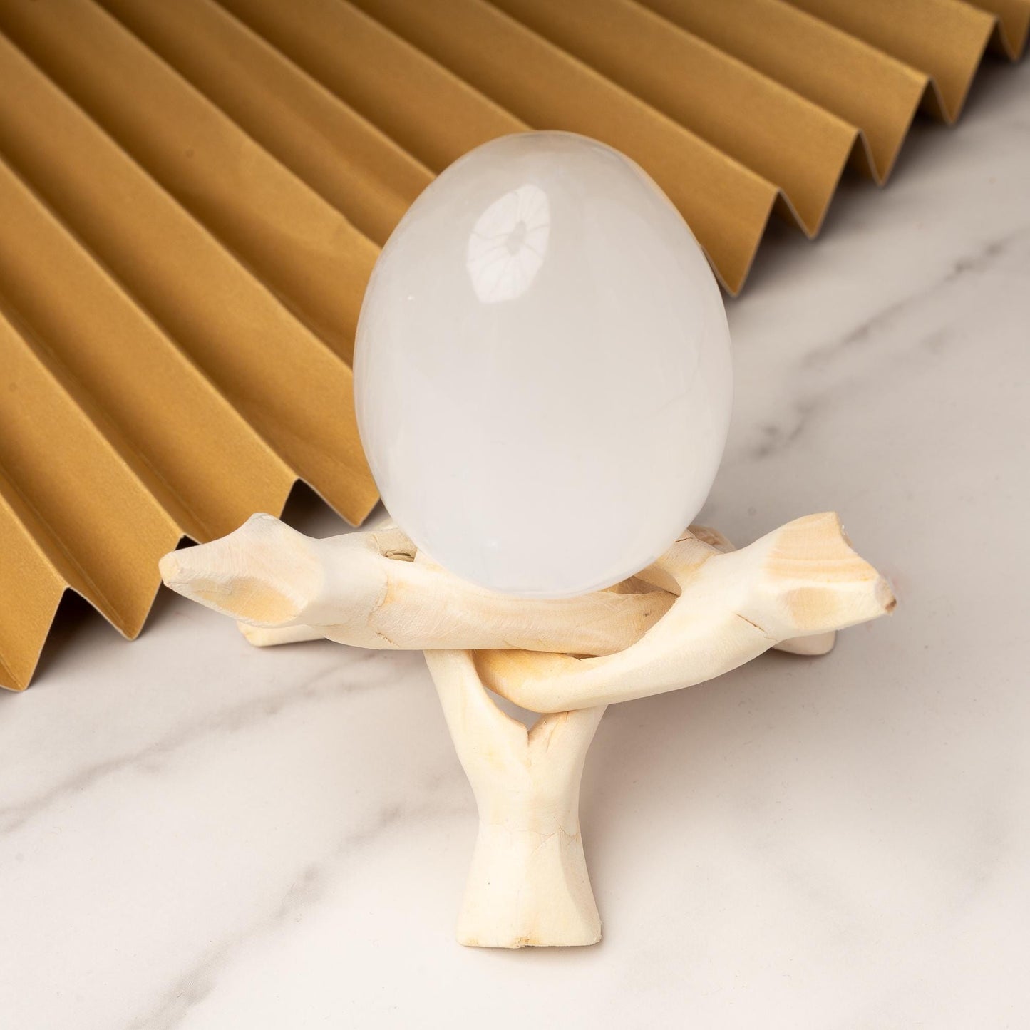 Selenite Egg with Wooden Stand Tripod, Polished White Crystal Charging Stone for Meditation, Reiki, Altar Decor, Display, Home & Office Gift