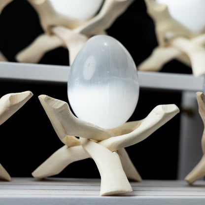 Selenite Egg with Wooden Stand Tripod, Polished White Crystal Charging Stone for Meditation, Reiki, Altar Decor, Display, Home & Office Gift