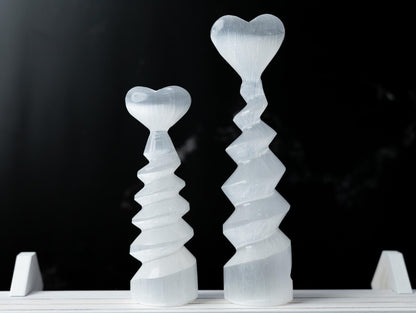 Selenite Spiral Tower with Heart Top, Selenite Crystal Tower, Natural Crystal Decor, Crystal Gift, Choose Size
