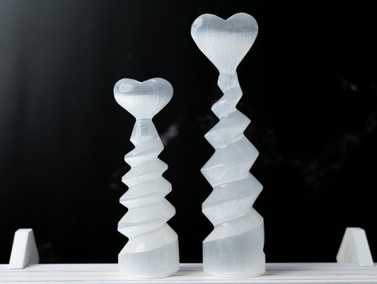 Selenite Spiral Tower with Heart Top, Selenite Crystal Tower, Natural Crystal Decor, Crystal Gift, Choose Size