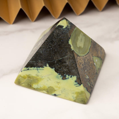 Serpentine with Pyrite Pyramid, Polished Serpentine Crystal Pyramid, Natural Stone Specimen, Crystal Decor & Gift